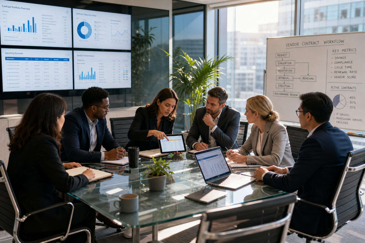 Bright Modern Conference Room With Diverse Team And Data Analytics