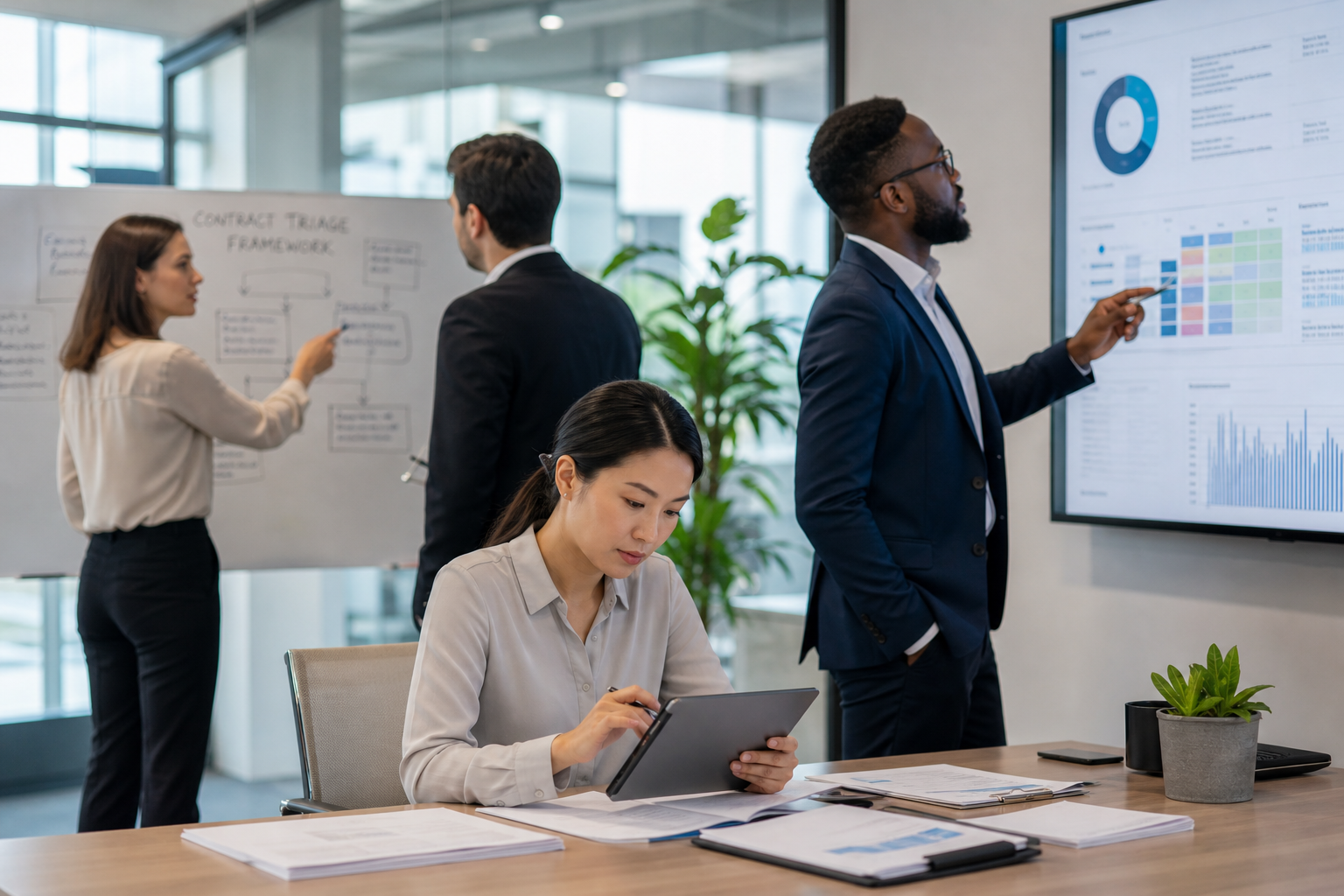 Diverse Team Reviewing Digital Contracts In Futuristic Office