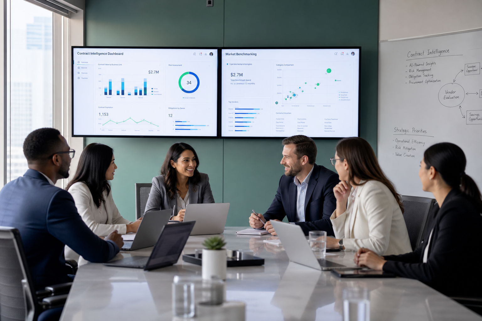 Modern Office Collaboration with Data Visualizations and Natural Light
