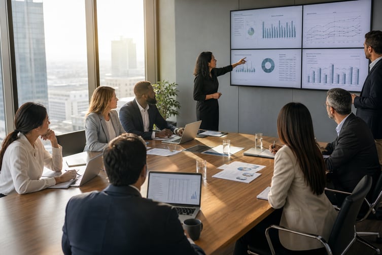 Modern Office Meeting with Digital Contract Analysis
