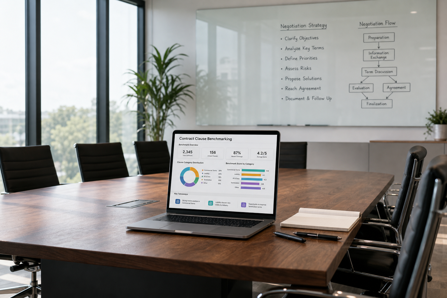 Modern Office with Wooden Conference Table and Infographic Display