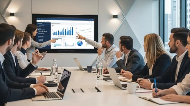 group of people analyzing statistics