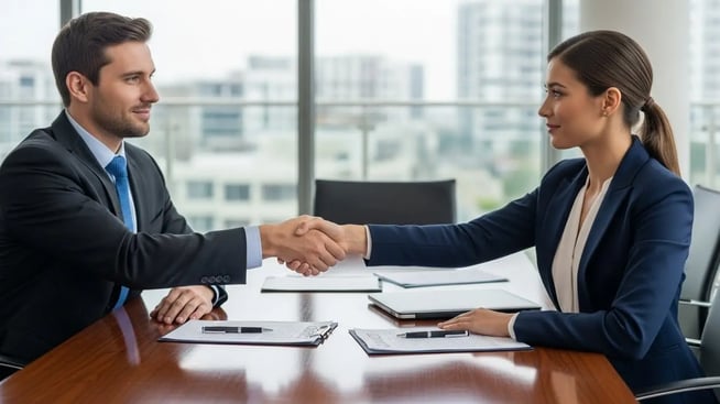 a professional handshake after signing a contract