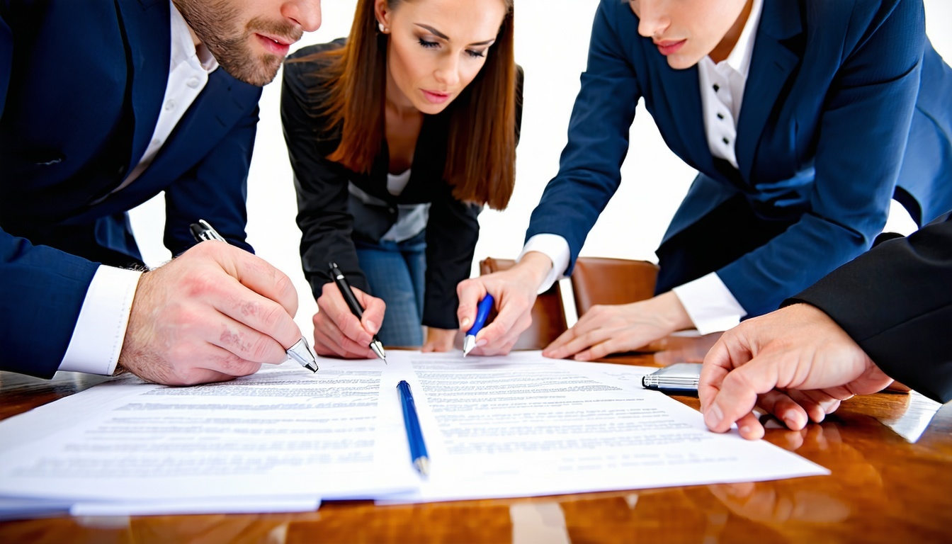 A group of executives reviewing the terms of a business contract