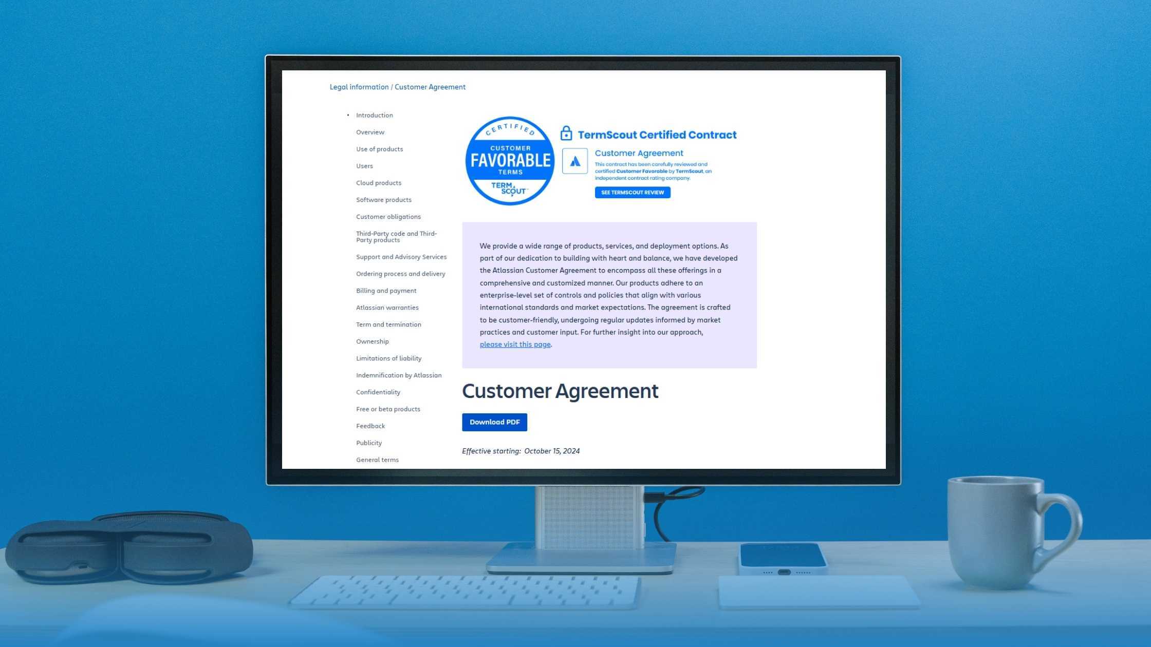 A PC showing a customer agreement certified by TermScout as Customer favorable