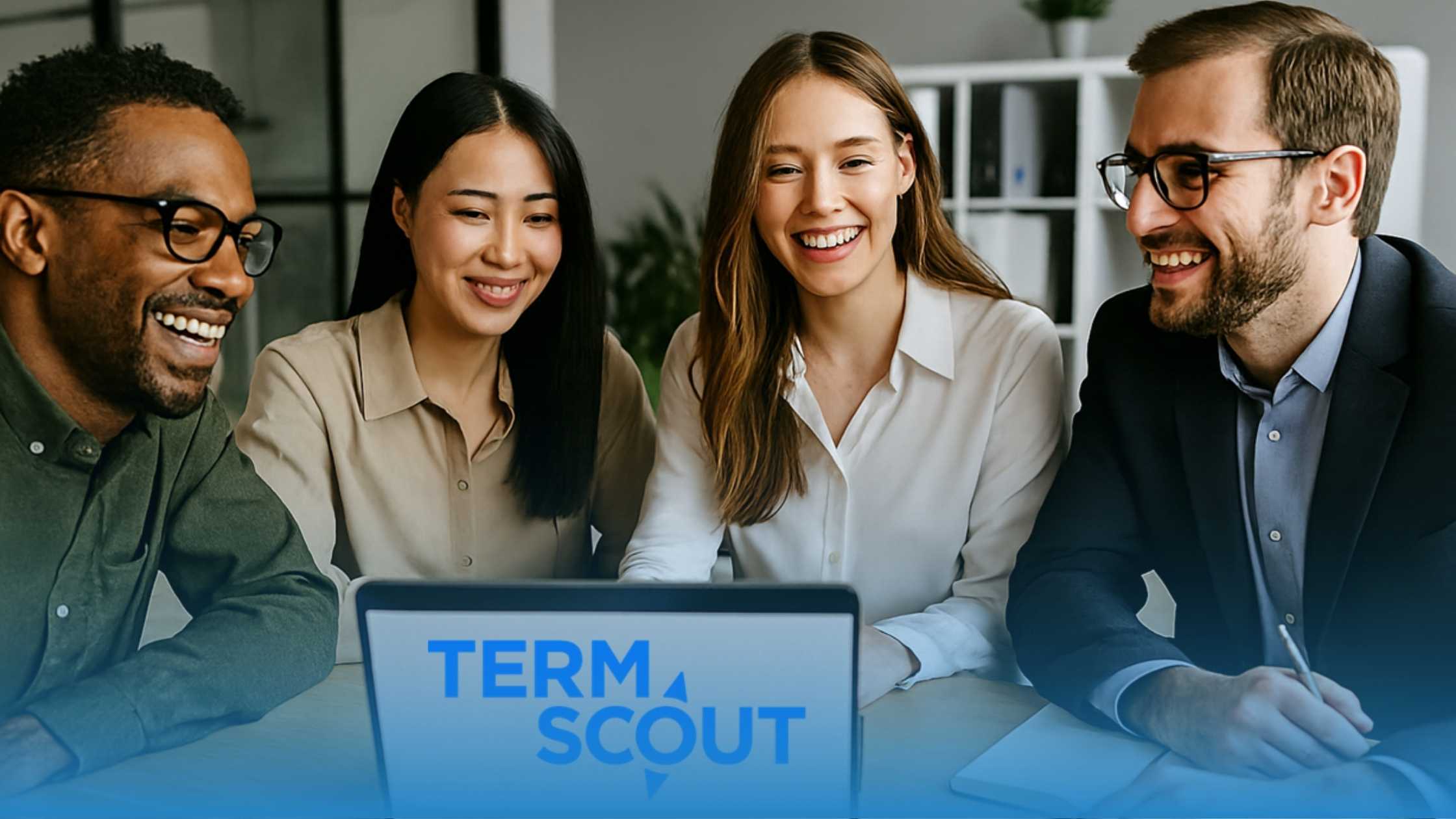 A diverse group of professionals smiling and collaborating on TermScout contract analytics platform, transforming legal workflows into strategic business outcomes.