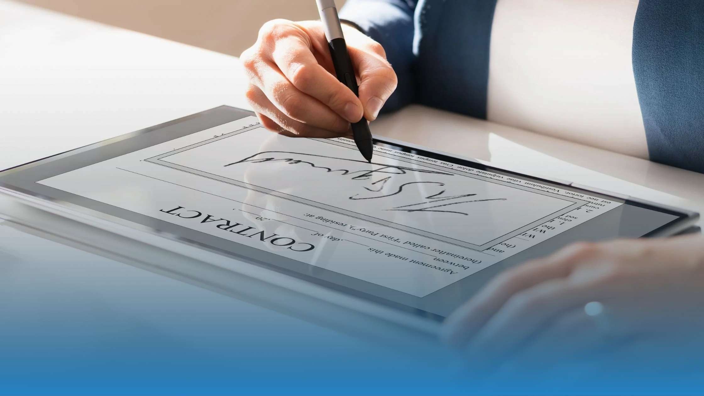 A professional signing a digital contract on a tablet with a stylus pen, symbolizing a contract data analysis platform