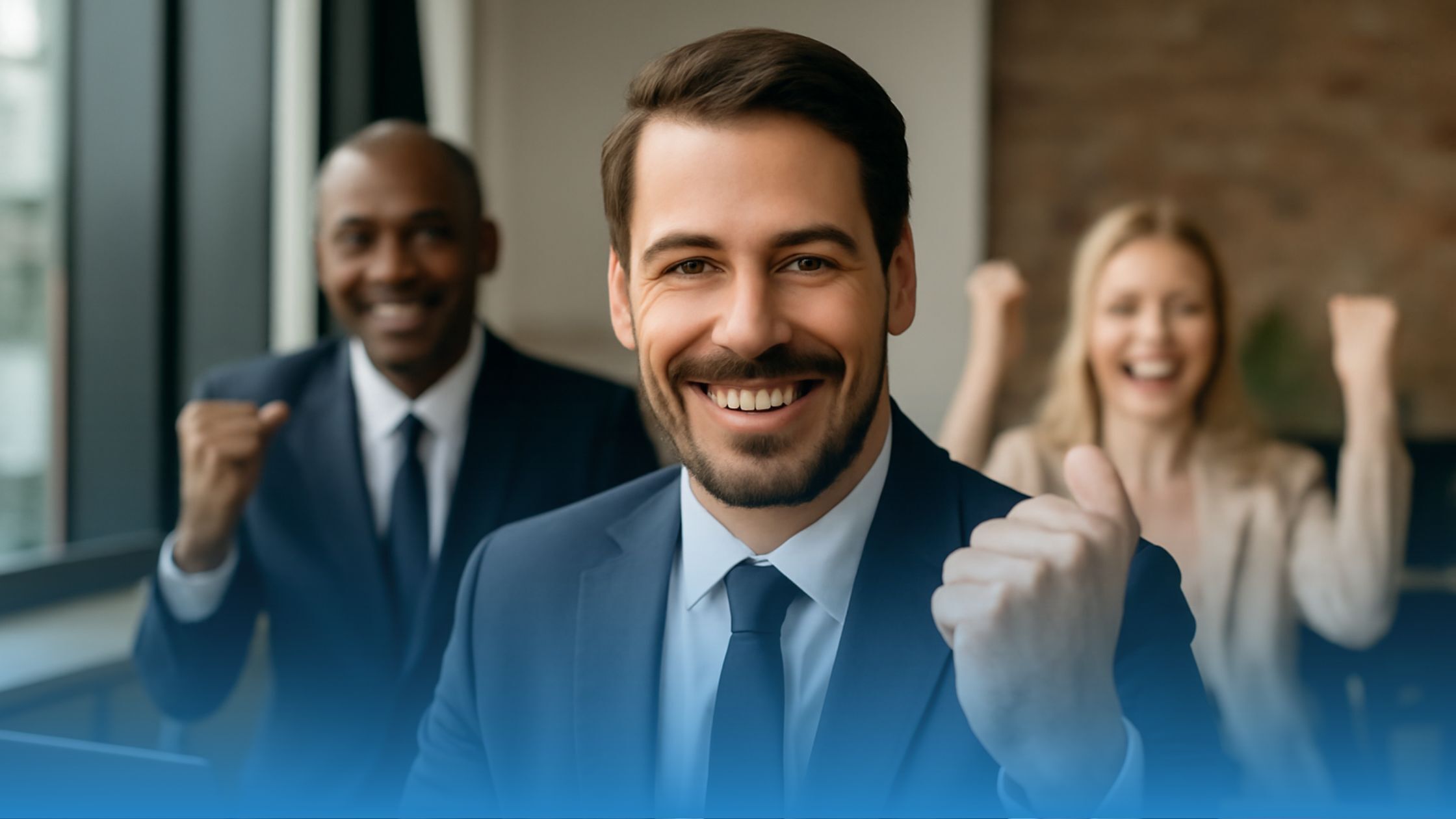 Three business professionals cheering in an office, celebrating enhanced legal workflows through AI contract reviews.