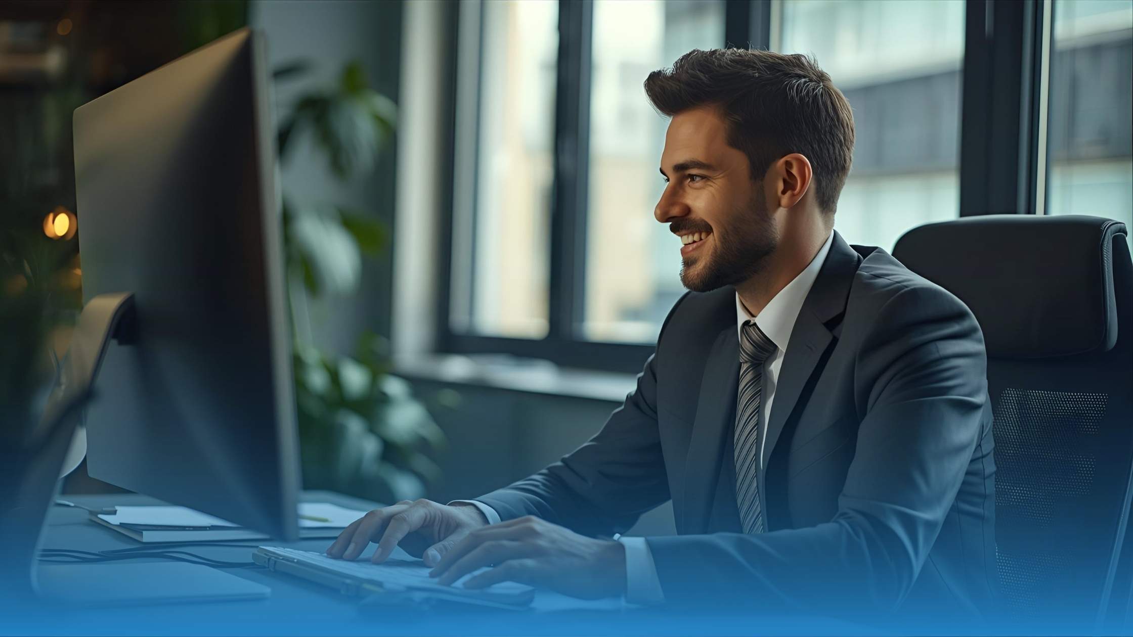 A young lawyer sit in front of a PC smiling while analyzing an AI Contract