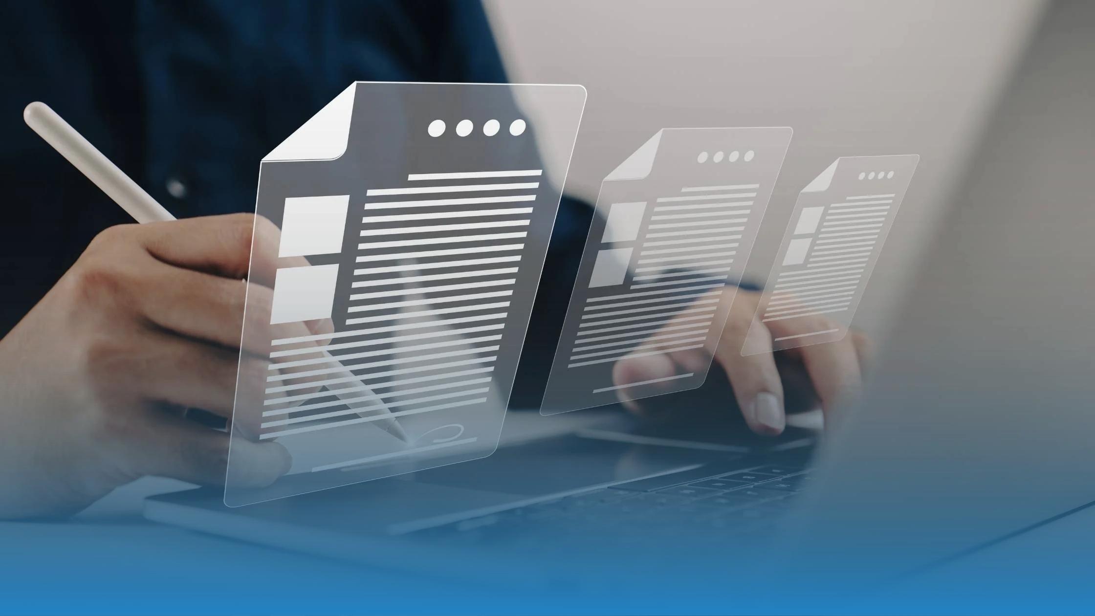 Person using a digital pen on a tablet with floating digital contract icons, symbolizing contract analysis and benchmarking for sales acceleration.