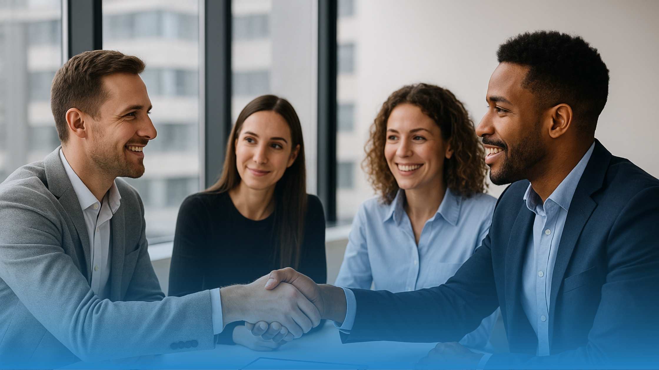 Four business professionals in a modern office smiling during a handshake, symbolizing trust and fair agreements achieved through third-party contract benchmarking