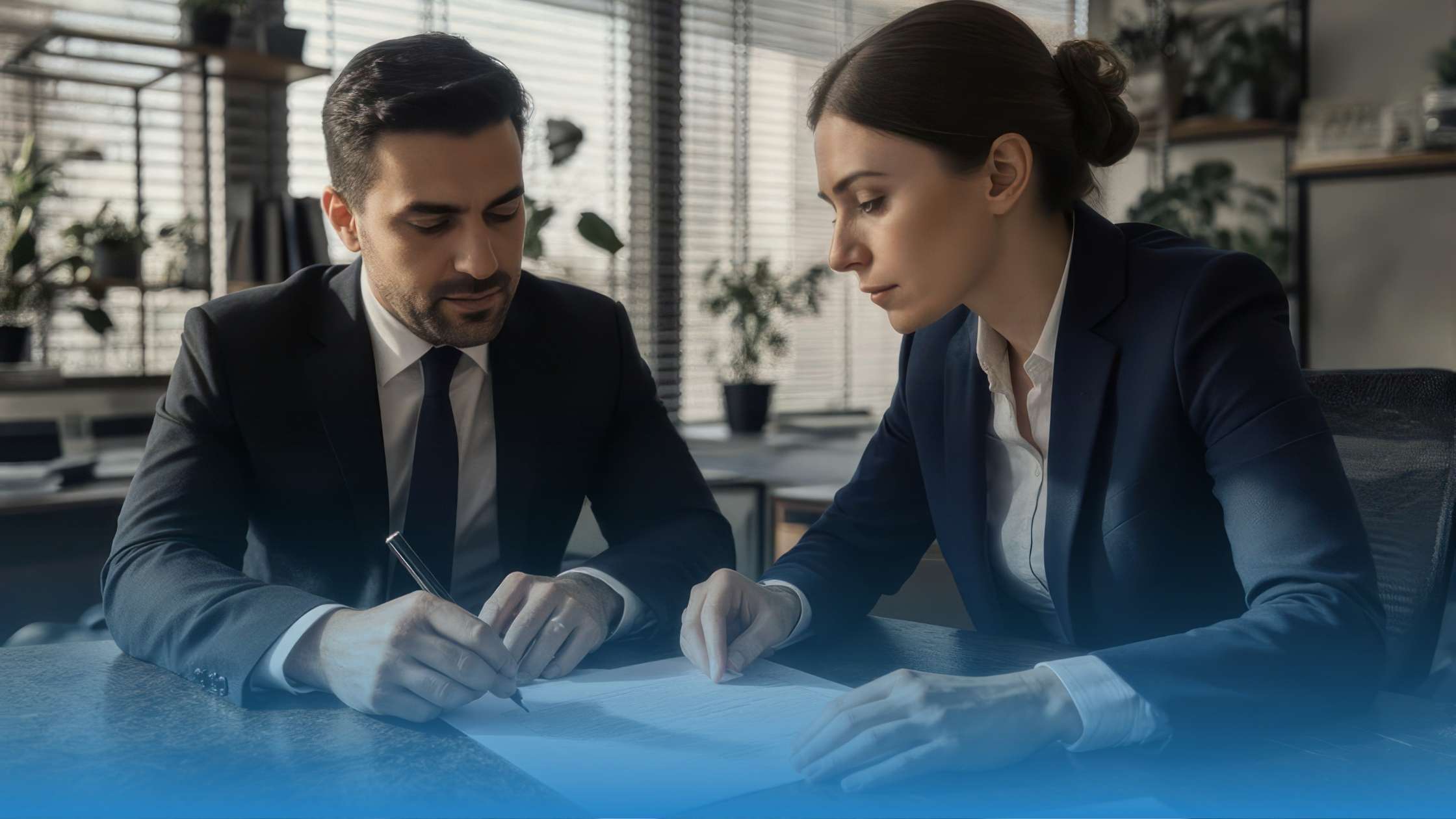 Two business professionals in formal attire sit together at a modern office desk reviewing and signing a contract, symbolizing trust, agreement, and the process of making a contract legally binding.