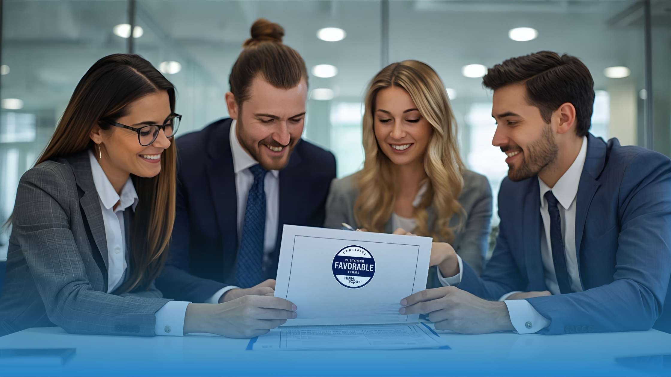 Business professionals reviewing a certified B2B contract with a visible TermScout trust badge, symbolizing transparency and independent verification.