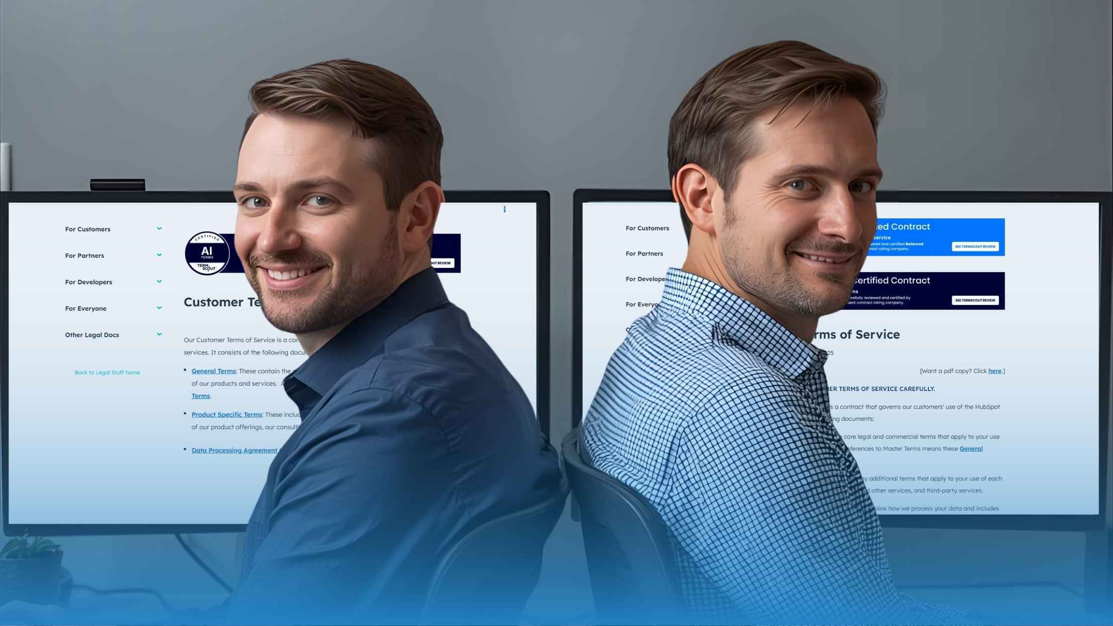 Two smiling men seated back-to-back in an office, facing the camera with computer monitors showing Third Party Validated Contracts